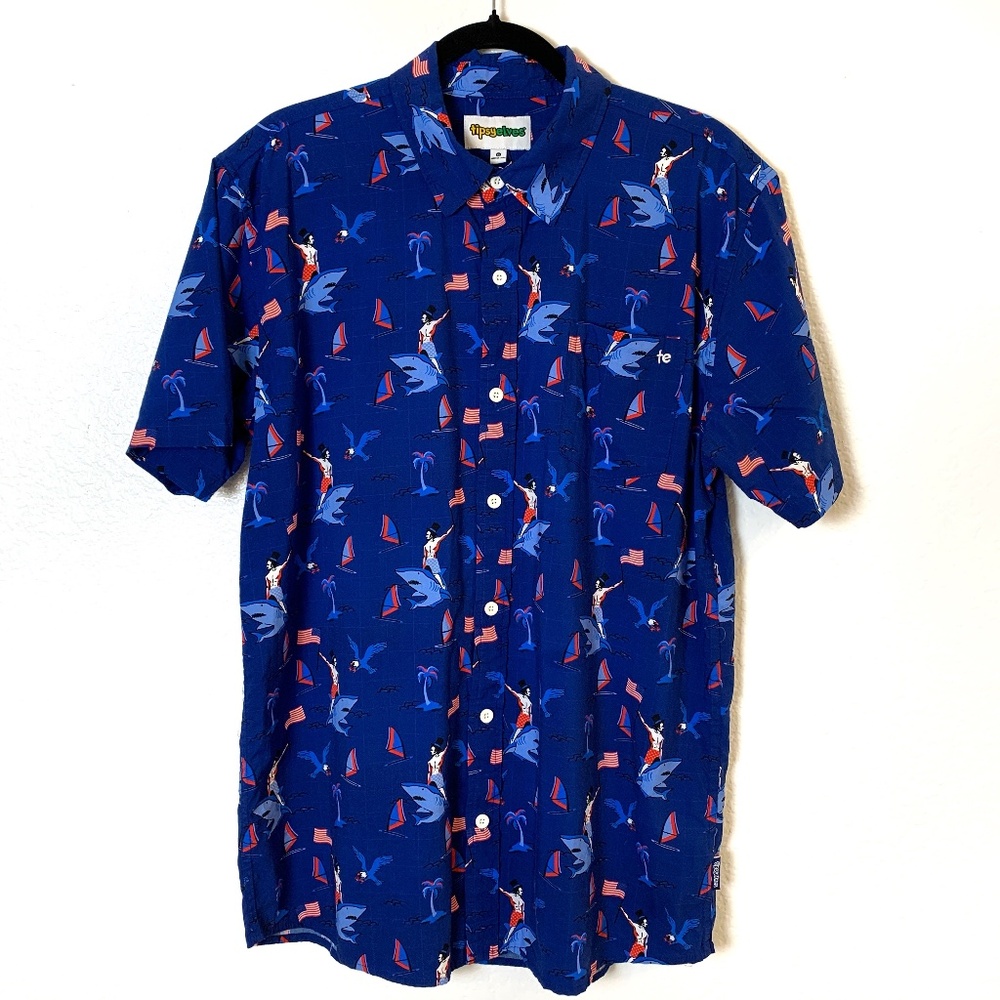 Tipsy Elves Camp Shirt Mens XL Blue Button Up USA Flag Shark Eagle Print America
